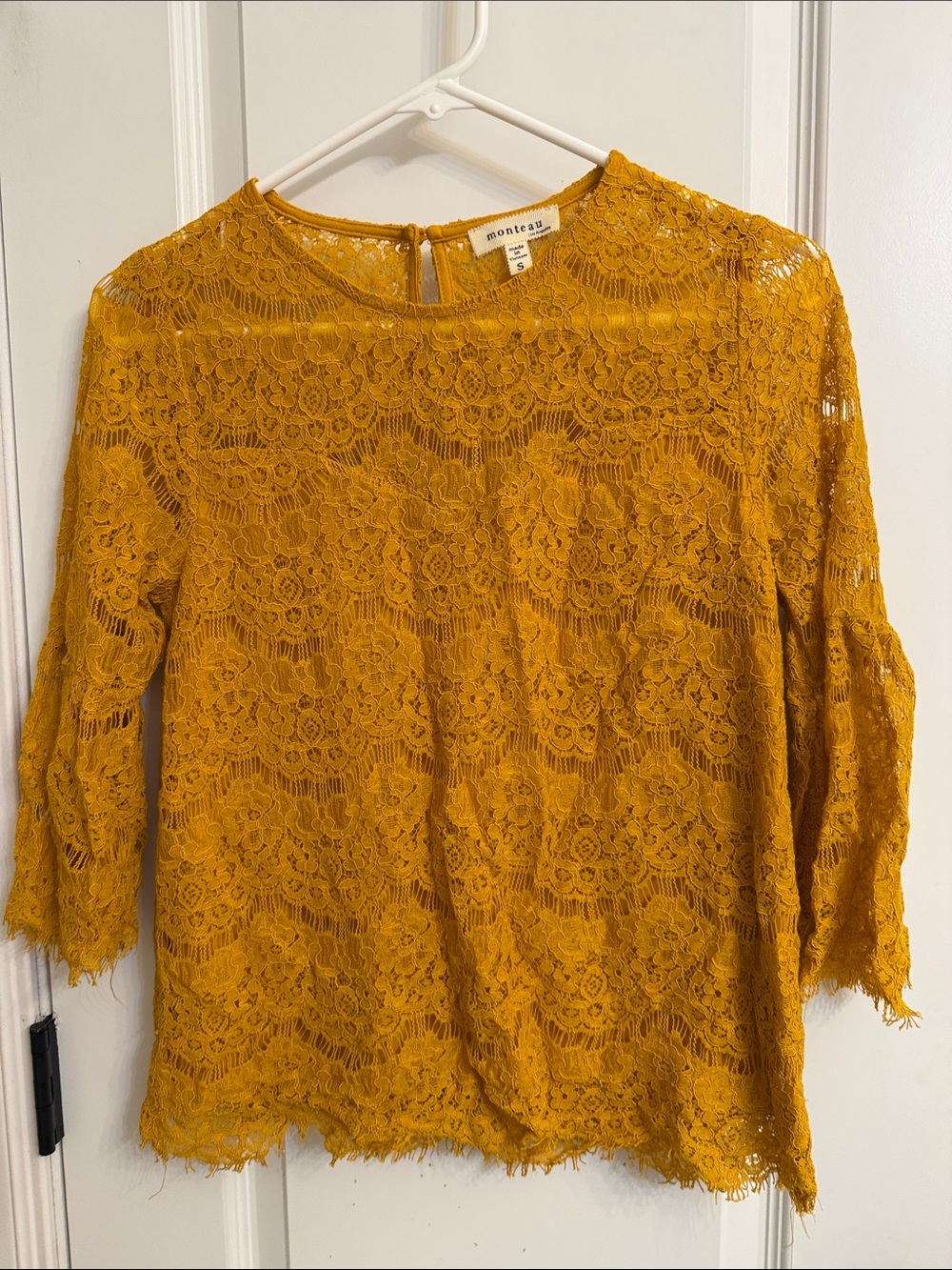 Monteau Mustard Floral Lace Crewneck Top